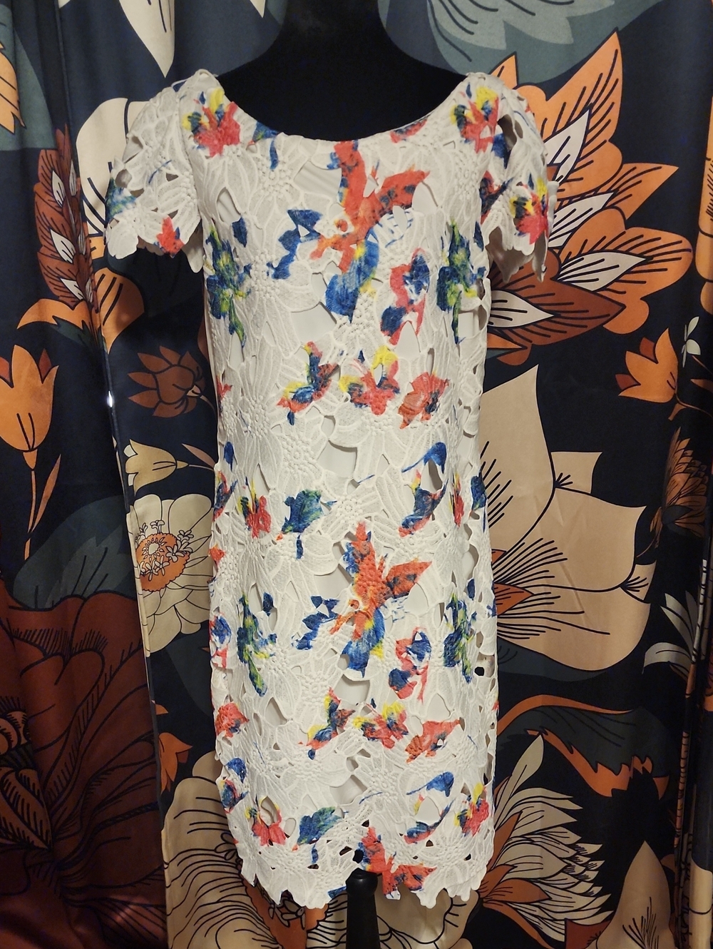 Sharagano White Lace Shift Dress with Multicolor Floral Accents